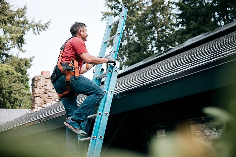 Man on a ladder to a roof.